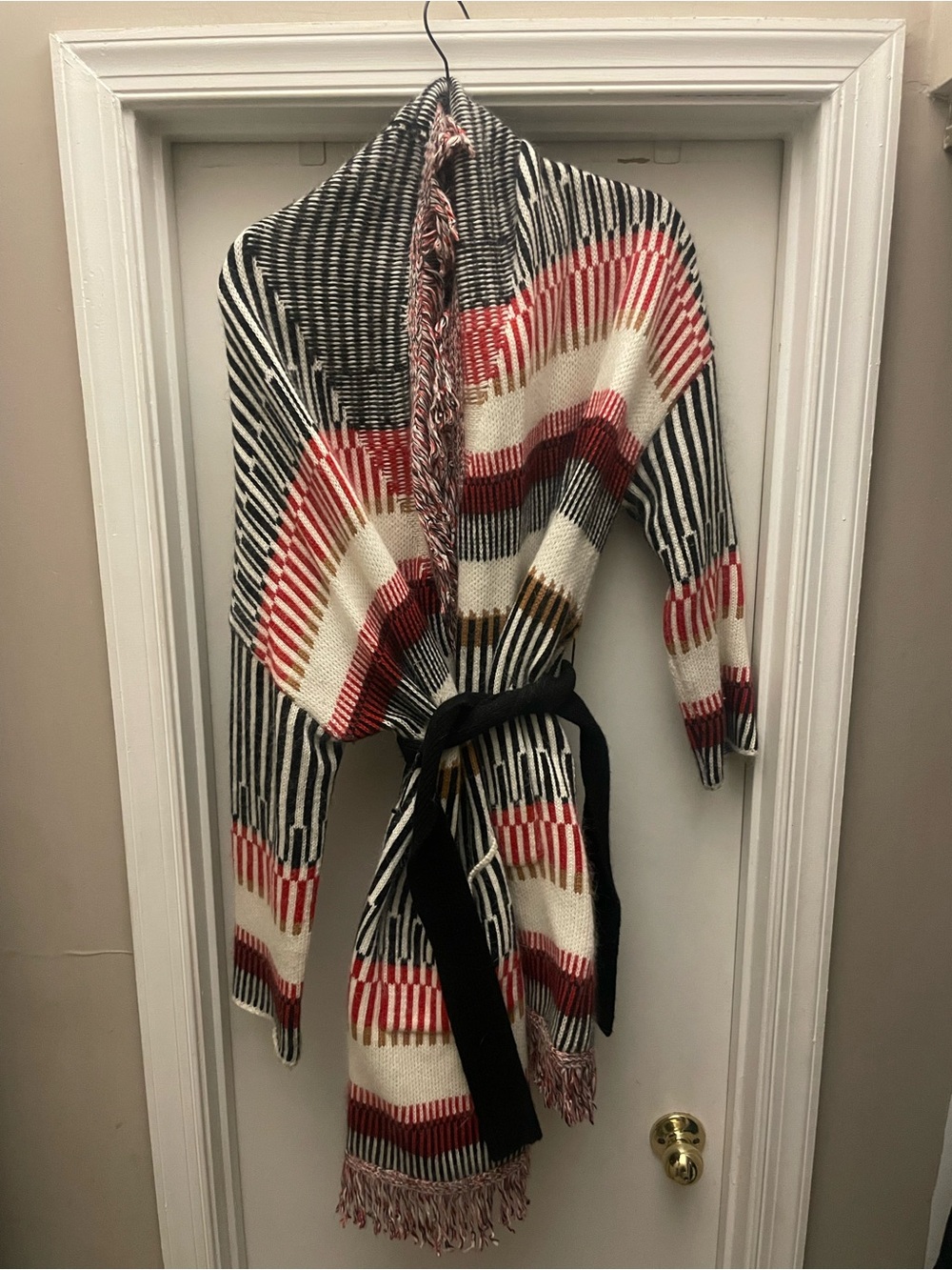 Maje Striped Knit Wrap in Black, Cream and Red with Fringe